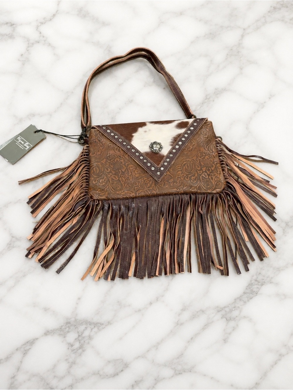 Myra Bag S-3825 NWT Tooled Leather Hair-On Hide Fringe Crossbody Shoulder Bag